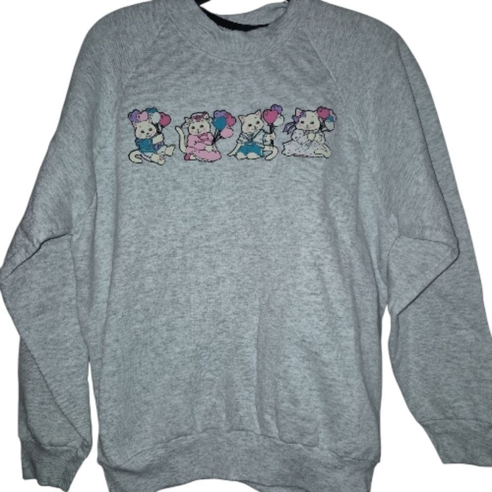 Vintage Fruit of the Loom Women Cats With Heart Balloons Grey Sweatshirt M.